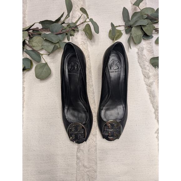 Tory Burch Peep Toe Wedge in Black Leather - Picture 1 of 9